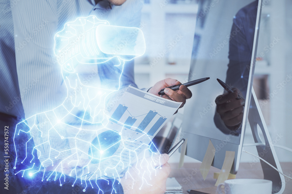 Aufkleber ar hologram with man working on computer on background. augmented reality concept. double exposure.