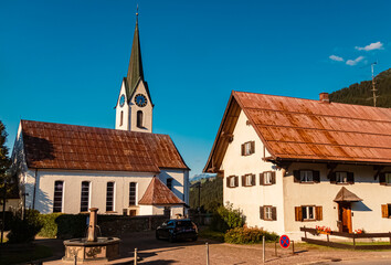 Beautiful church at the famous Kleinwalsertal valley, Hirschegg, Vorarlberg, Austria