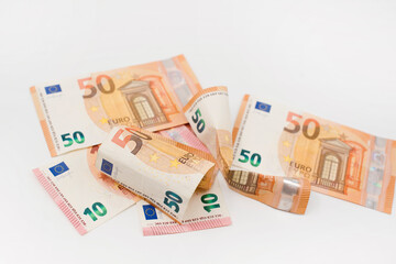 Euro banknotes of different values. Euro cash background. closeup view. Salary, savings, European union economic crisis concept.
