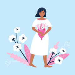 Woman feels herself with comfort with menstruation cup  in white dress. Menstrual women and hygienic menstrual cup, cotton flowers. First menstruation, menstrual accessory. Flat vector illustration