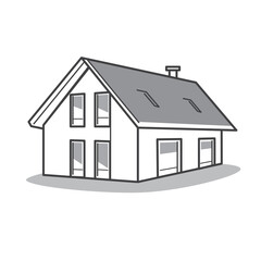 Modern European house. Simple isolated building, flat vector icon, black and white line art drawing on a white background.