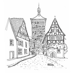 Sketch of Rothenburg ob der Tauber, Bavaria, Germany. Hand drawing. Urban sketch in black color on white background. Medieval building line art. Freehand drawing. Hand drawn travel postcard. 