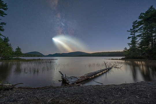 Rocket Launch and the Milky Way visible from Maine at Eagle Lake in Acadia National Park 