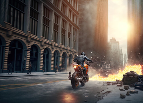 A thrilling high speed motorcycle chase. Made with Generative AI. © AI Movie
