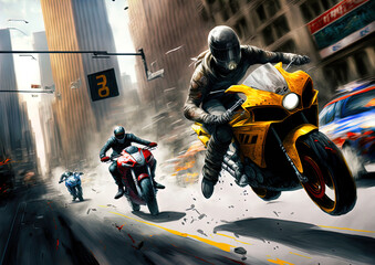 A thrilling high speed motorcycle chase. Made with Generative AI. 