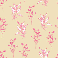 Fototapeta na wymiar Modern tropical flowers seamless pattern design. Seamless pattern with spring flowers and leaves. Hand-drawn background. floral pattern for wallpaper or fabric. Botanic Tile.