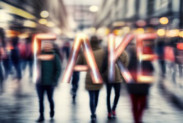 illustration of blur scene crowd of people walk on street with light and bokeh with word FAKE, idea for fake new and scam or phishing site theme