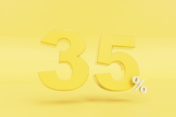 35 percent discount. yellow digit 35 and white percent on a yellow background. 3D render