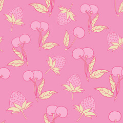 Cherries seamless pattern design. Beautiful tropical berries background. Tropical fruits and leaves seamless pattern background. Good for prints, wrapping paper, textile and fabric.