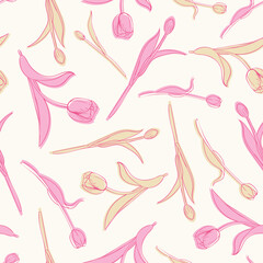 Beautiful tulip flowers and leaves pattern design. Good for prints, wrapping, textile, and fabric. Hand-drawn background. Botanic Tile. Surface pattern design.