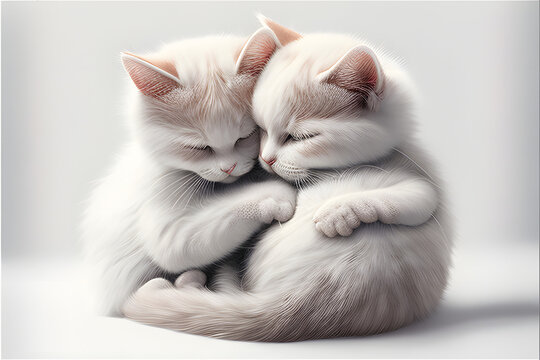 two white himalayan cats sitting and snuggling, hugging on isolated white background, Generative AI