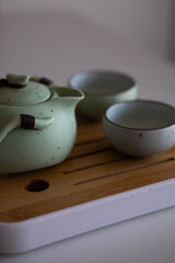 Asian tea set on bamboo mat,Closeup.