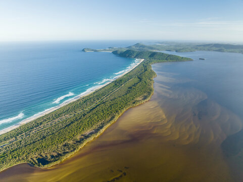 Aerial view of the beautiful coastline at Booti Booti National Park, Wallis Lake, New South Wales, Australia.