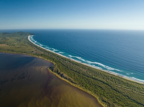 Aerial view of the beautiful coastline at Booti Booti National Park, Wallis Lake, New South Wales, Australia.