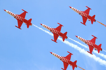 Airshow, Turkish Stars jet air force demonstration Team Acrobatics performing, flight in the sky....