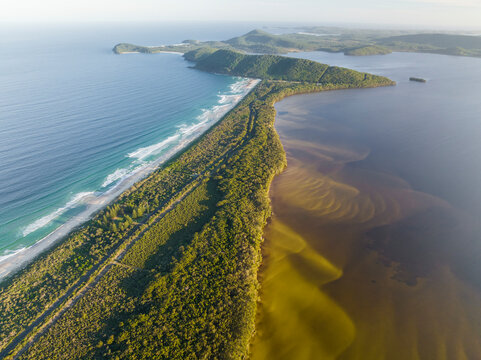 Aerial view of the beautiful coastline at Booti Booti National Park, Wallis Lake, New South Wales, Australia.