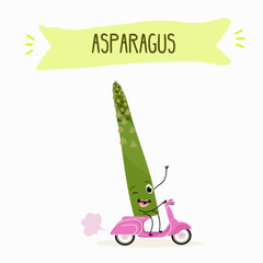 Illustration with funny asparagus characters. Funny and healthy food. Vitamins, cute face food, ingredients, vegetarianism, vector cartoon, antioxidant.
