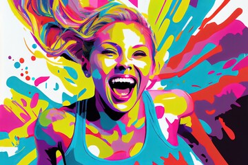 illustration of very active  young blond woman running with a big smile, generative ai