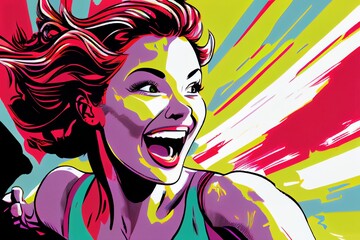 Fototapeta na wymiar illustration of very active woman running with a big smile, generative ai