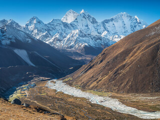 view to mountain's valley with river and snow summits close to Everest in Nepal