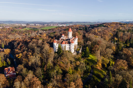 Aerial view of Zamek Konopiste castle in Benesov, Bohemia, Czech Republic.