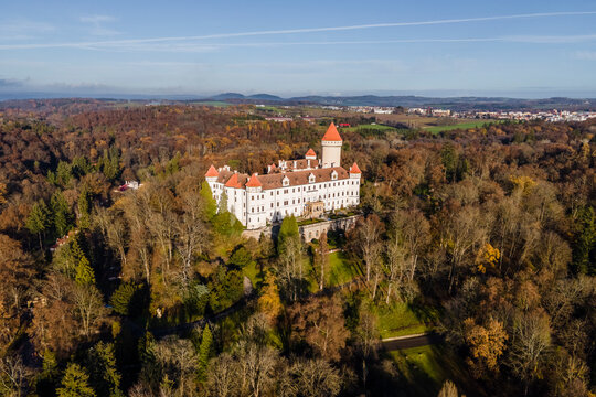 Aerial view of Zamek Konopiste castle in Benesov, Bohemia, Czech Republic.