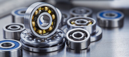 different bearings on a metal background. Part of mechanism.