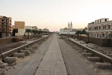 Avenue of Sphinxes in Luxor, Egypt during sunset