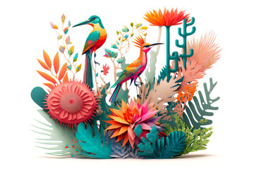 Arrangement of Tropical flowers and plants, with colorful birds, and coral, on an isolated White Background Generative AI