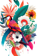 Obraz premium Arrangement of Tropical flowers and plants, with colorful birds, and coral, on an isolated White Background Generative AI