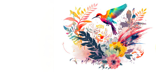 Arrangement of Tropical flowers and plants, with colorful birds, and coral, on an isolated White Background Generative AI