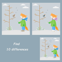 Find 10 differences. Educational game for children. Spring illustration. A singing bird and a fox with a flower.