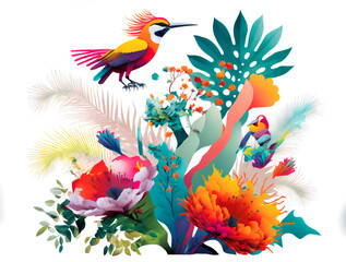 Fototapeta na wymiar Arrangement of Tropical flowers and plants, with colorful birds, and coral, on an isolated White Background Generative AI