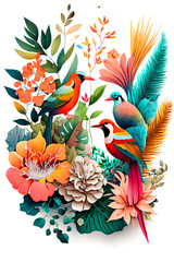 Arrangement of Tropical flowers and plants, with colorful birds, and coral, on an isolated White Background
Generative AI