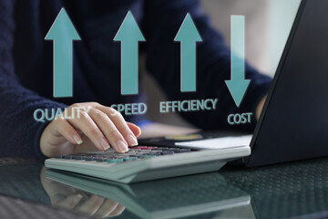quality speed efficiency and cost concept. Cost reduction business finance concept, Businessman...