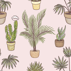 Houseplants, urban jungle, seamless pattern with hand drawn illustrations
