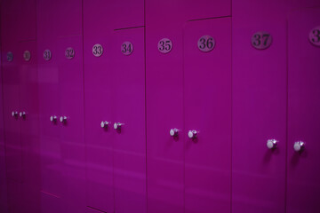 Purple locker doors with numbers. Public dressing room, locker room storage space