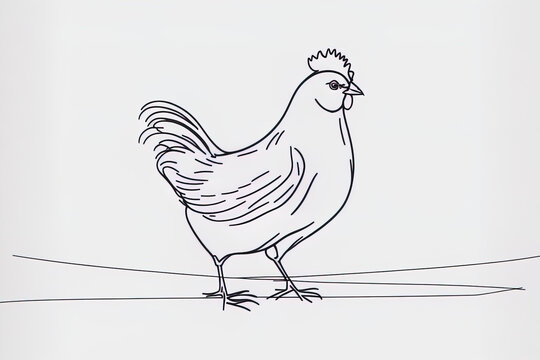 Hen drawn in the manner of continuous line art. Black linear minimalist chicken design on a white backdrop. a based image. Generative AI