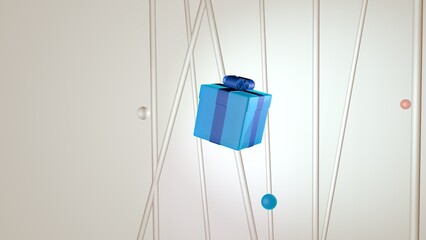 Fototapeta na wymiar 3d render. A square box with a gift and a blue bow on a light neutral background. Small balls are hanging in the air next to the box. Background or splash, concept or idea.