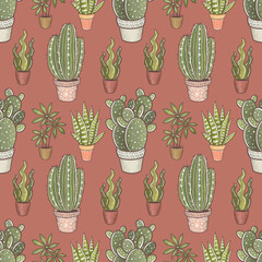 Succulent, cactuses, flowers in pots, seamless pattern with hand drawn digital art with houseplants theme
