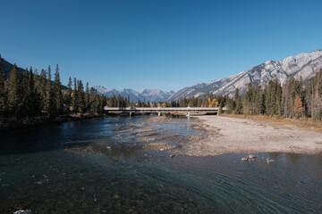 Town of Banff, Bow River Trail scenery in an autumn sunny day.