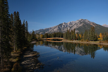 Fototapeta na wymiar Town of Banff, Bow River Trail scenery in an autumn sunny day.