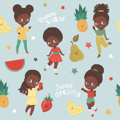 Seamless pattern with hand drawn illustrations with African American girl characters and fruits
