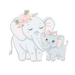 Obraz na płótnie Canvas Mother and baby elephants, hand drawn vector illustration 