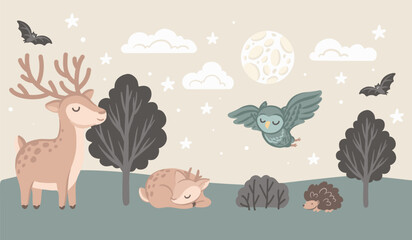Night in the forest, hand drawn vector illustration for nursery decor, baby’s room wallpaper mural  © Hanna Symonovych