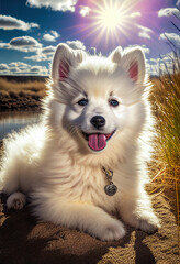 Naklejka na ściany i meble American Eskimo Dog puppy, cute dog, Generative AI