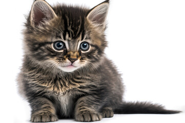 Cute kitten sit and looking. Close-up of a tabby cat isolated on a white background. Digital Art Painting
