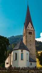 Fototapeta na wymiar Beautiful church at the famous Kleinwalsertal valley, Mittelberg, Vorarlberg, Austria