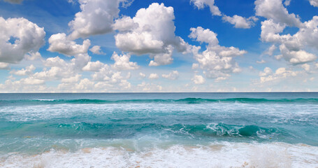 Beautiful tropical sea and blue sky . Wide photo.