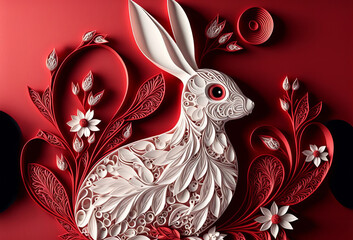 Chinese new year 2023 paper quilling background. Paper cutout year of the rabbit. generative ai